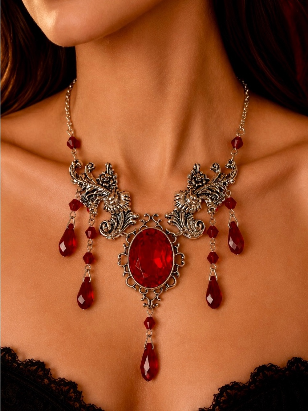 Red Gothic Victorian Statement Necklace Crystal Bib Necklace Fantasy Jewelry